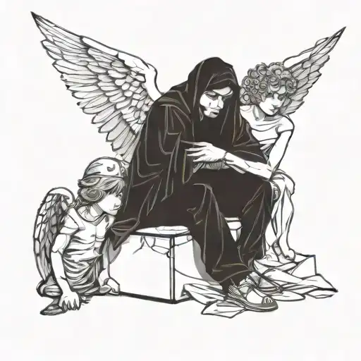 A Boy Crying At An Executioner And An Angel On The Chopping Block