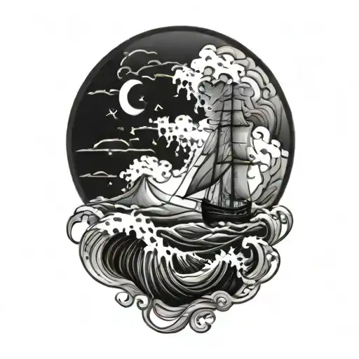 Ocean Waves With Ship Sailing Through Stormy