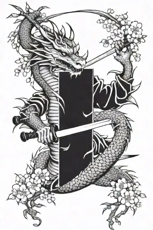 Dragon Wrapped With Katana Samurai And Cherry Blossoms
