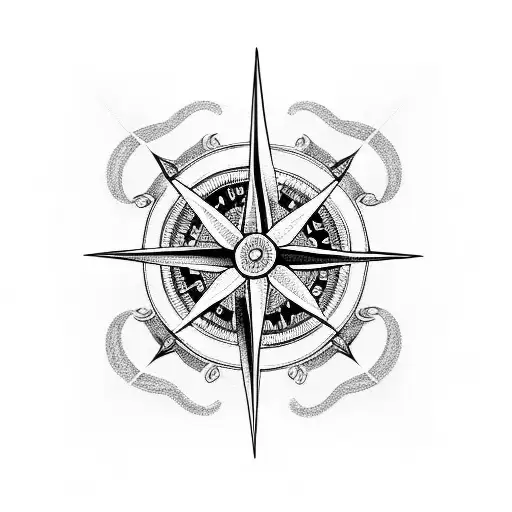 A Blackwork Tattoo Of A Compass Intertwined With Musical Notes And Flowers