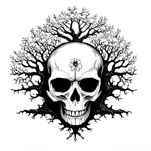 A Skull With A Tree Growing Around It And One Small Flower On It