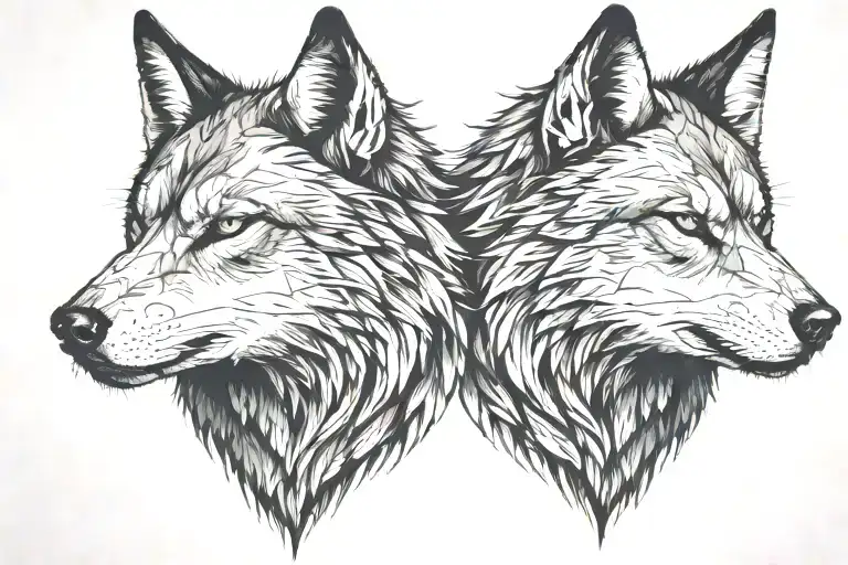 Looking At Each Other A Two Splited Wolfs Heads One Of Them Angry