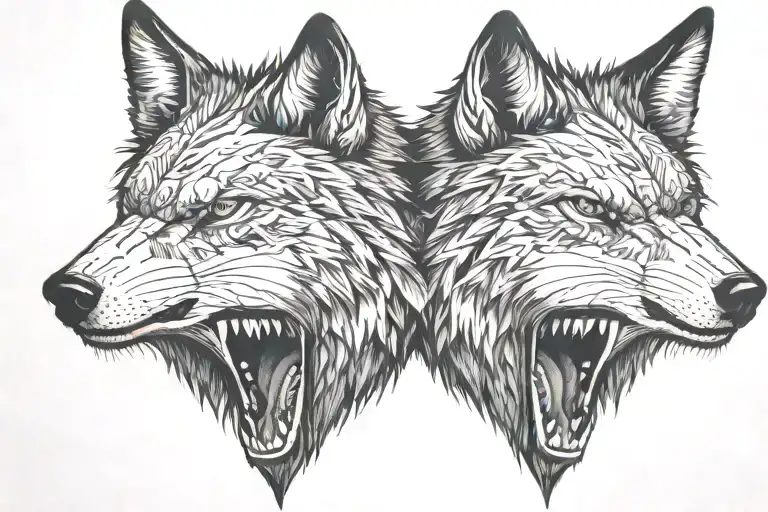 A Two Splited Wolfs Heads One Of Them Angry Big Teeths Teeths Teeths Teeths