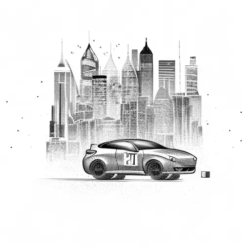 A Car Racing Through A City Skyline Made Of Money
