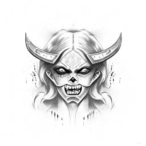 A Demon Face Girl Holding A Bloody Axe