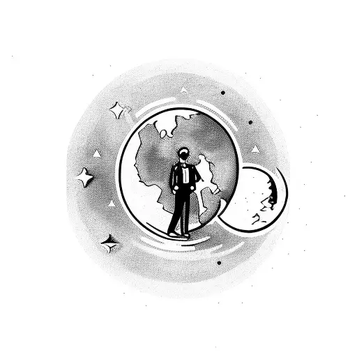 A Blackwork Tattoo Of A Manager Embracing The Moon And Earth In Their Arms
