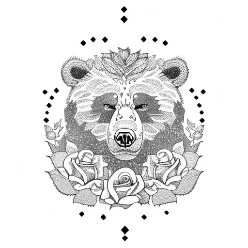 A Fierce-looking Bear Surrounded By Roses And Adorned With Intricate Lettering