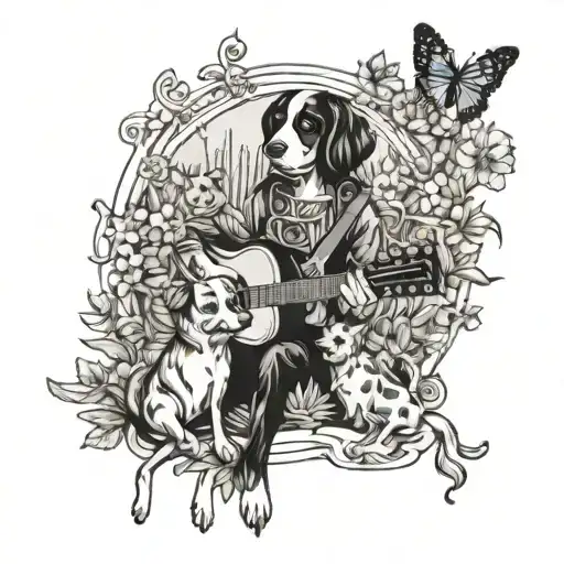 A Playful Design Of A Dog And Grandkids Playing Music Together In A Whimsical Garden Setting Tattoo
