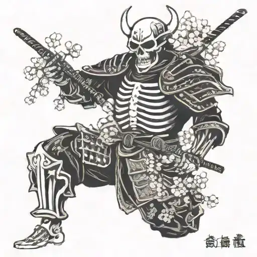 Skeleton Samurai Under Cherry Blossom