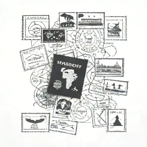 A Passport Stamp Collage With Iconic Symbols From Each Country Visited