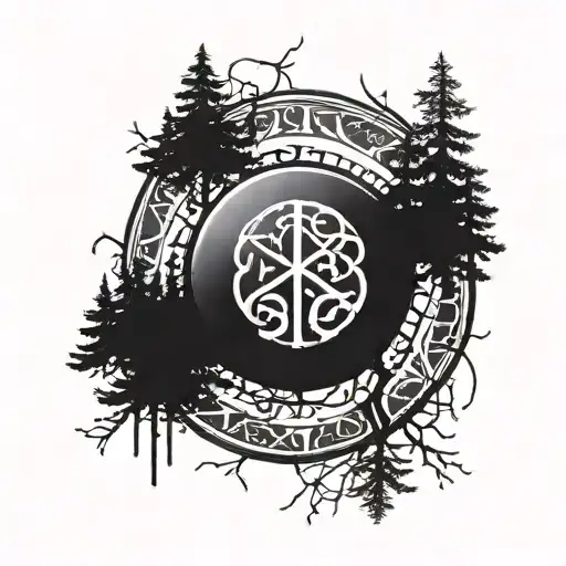 A Viking Shield With Musical Symbols And Swimming Strokes Intertwined In A Forest Setting
