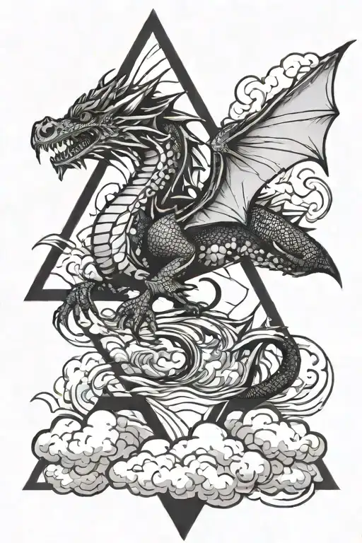 A Dragon Flying Through Clouds On Top Of A Linework Triangle