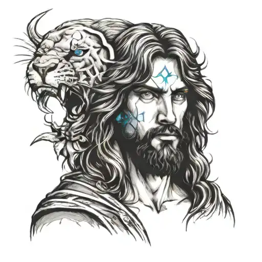 Face Of Jesus Christ From Right Side Over Half Of Angry Lion's Face With Blue Eyes