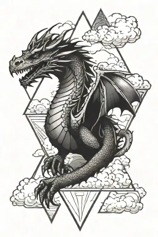 A Symmetrical Dragon Flying Through Clouds On Top Of A Linework Triangle