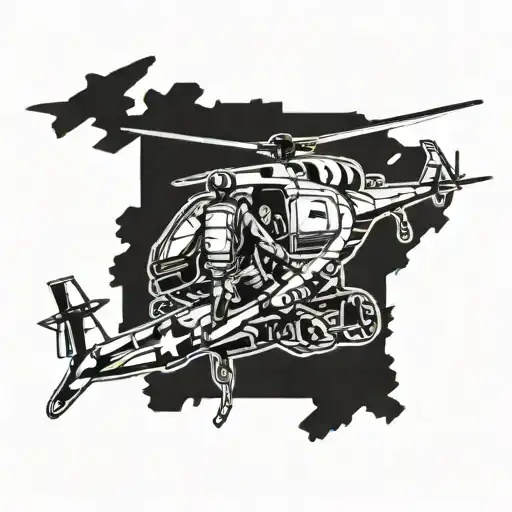 Armed Army Soldier With Helicopter With Soldiers And Military Identification Tags