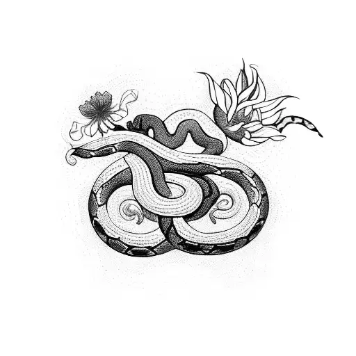 A Blackwork Tattoo Of A Snake Coiled Around A Caduceus With Vibrant Flowers Blooming From Its Scales