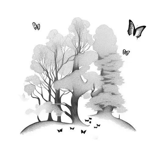 A Serene Forest Landscape With Butterflies Fluttering Around