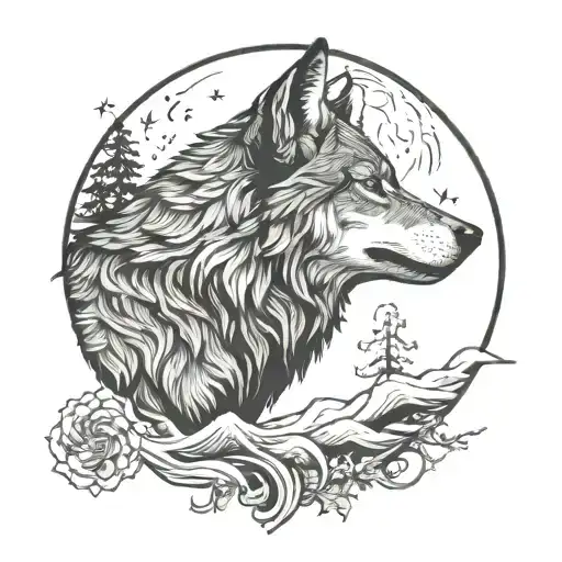 Wolf Howling And Moon