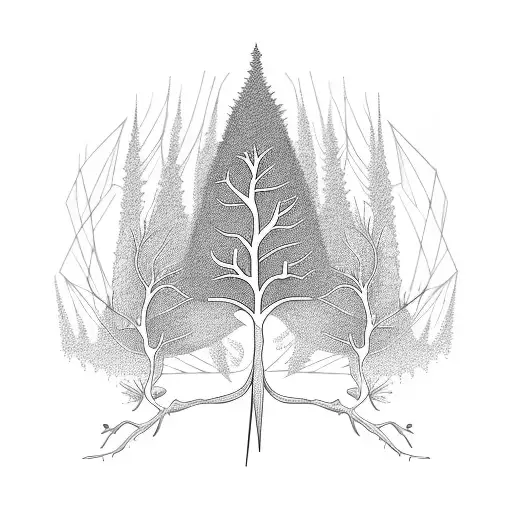 An Abstract Blackwork Tattoo Of A Tree With Elongated Branches Swaying Elegantly In The Wind