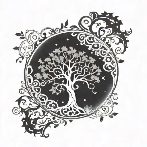 Tree Of Life Tattoo Stretch Longer With Name Engraved In The Tree And Dark Sky Backround