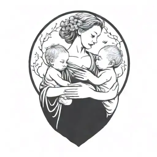 Mother Of Two Children Breastfeeding Under Dandelion Trees