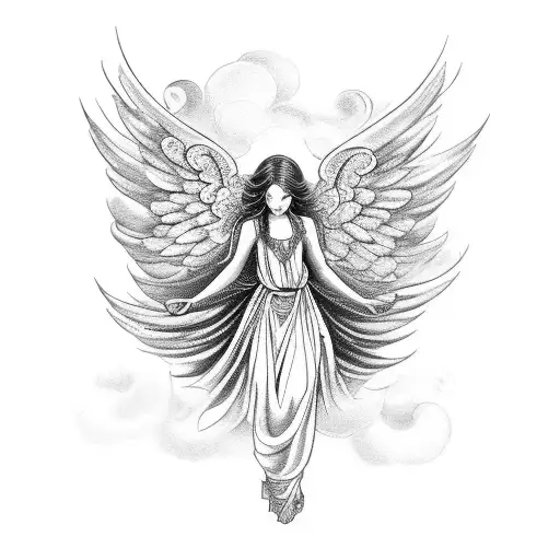 An Intricate Design Of An Angel Playing A Musical Instrument With A Background Of Swirling Clouds