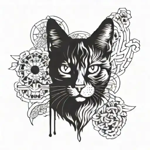 Combine Psychology-related Imagery With A Cat Motif In A Blackwork Tattoo Design