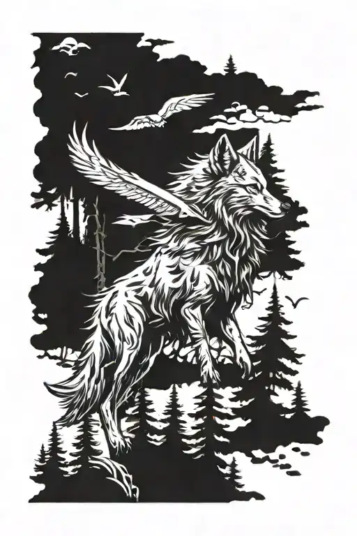 Wolf In Forest With Eagle Flying