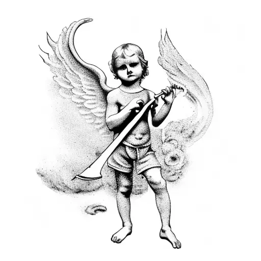 A Cherub Holding A Scythe In One Hand Throwing A Molotov Cocktail With The Other Hand