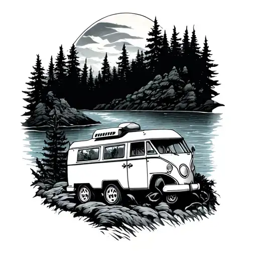 A Blackwork Tattoo Of A Camper Van Driving Through A Mystical Forest With The Ocean In The Distance