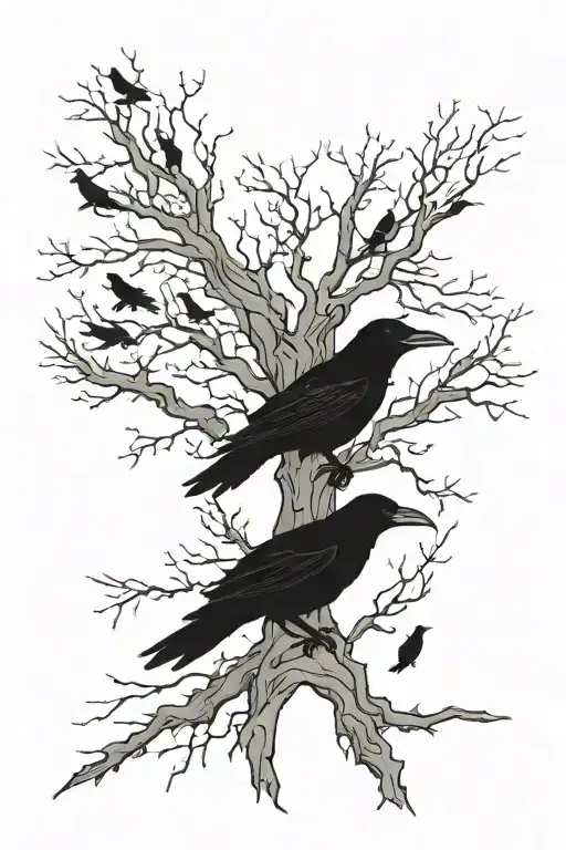 Withering Tree Turning Into Ravens Huginn And Muninn