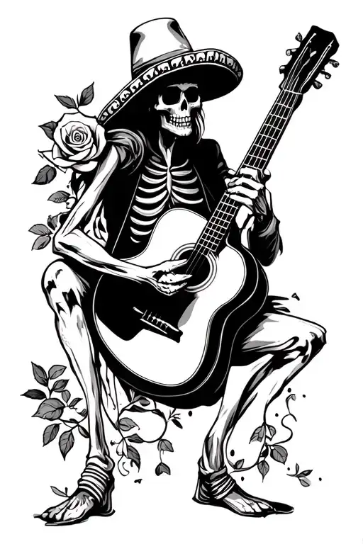 Sad Skeleton Mariachi Playing Guitar Holding Rose