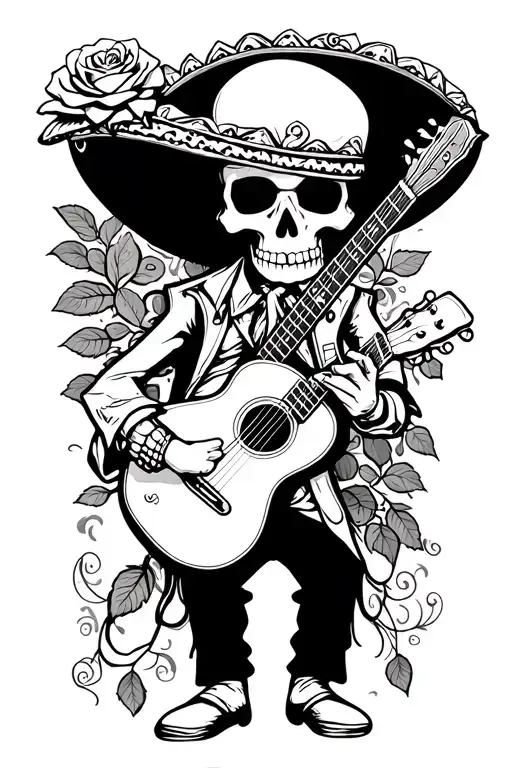 Sad Skeleton Mariachi Playing Guitar Holding Rose