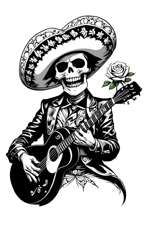 Sad Skeleton Mariachi Playing Guitar Holding Rose