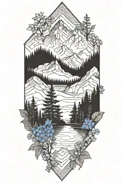Mountains Trees Lake Forget Me Nots Geometric Less Flowers