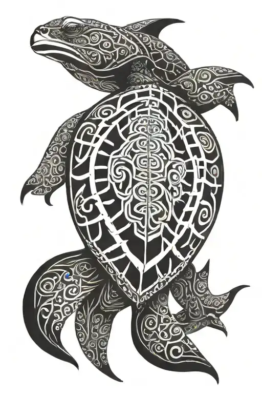 Tribal Turtle With Dolphin In The Shell Pattern
