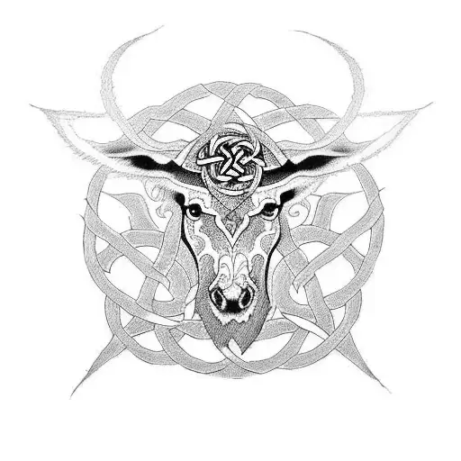 A Blackwork Tattoo Of A Majestic Animal Surrounded By Celtic Symbols