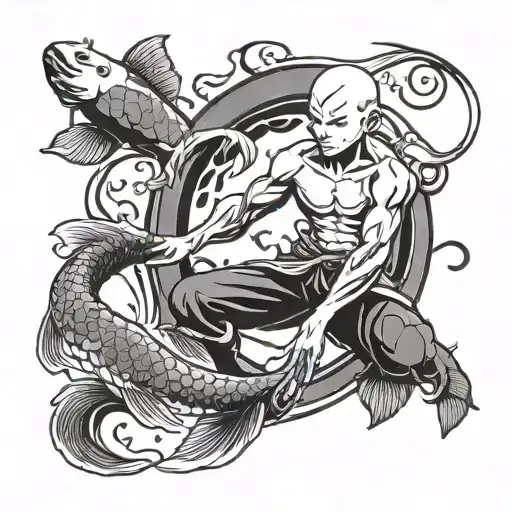 Avatar Aang Riding A Yin And Yang Coy Fish Swimming