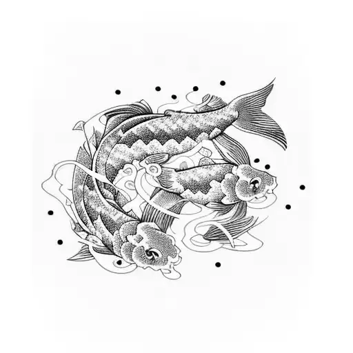 A Bold Blackwork Design Featuring A Koi Fish And Sakura Blossoms Intertwined