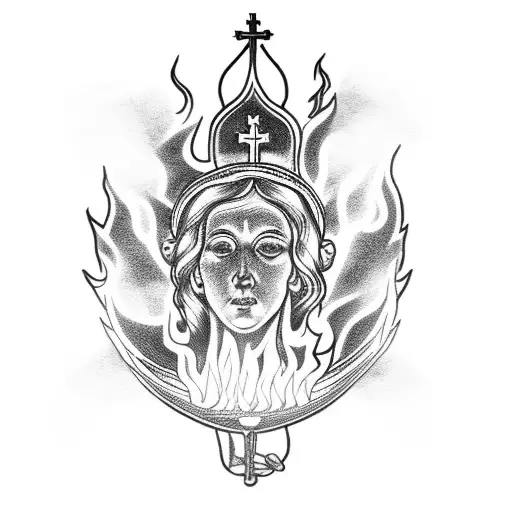 A Blackwork Tattoo Of A Catholic Saint Surrounded By Flames And A Construction Tool In Hand