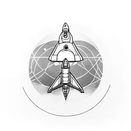 A Blackwork Tattoo Of A Space Shuttle Orbiting Around A Vinyl Record