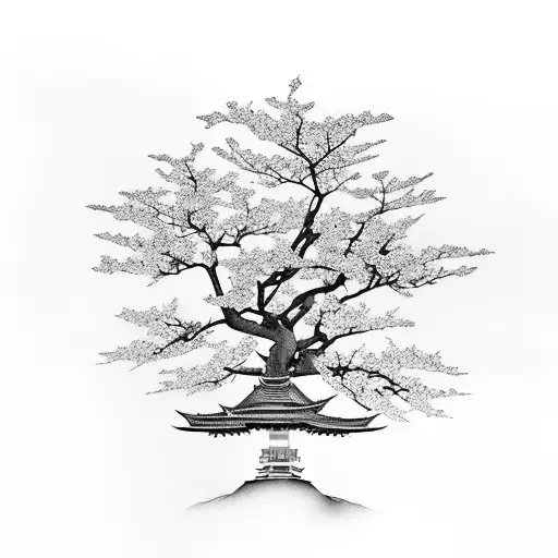 Okinawa Temple Full Back With Old Sakura Tree In The Mountain