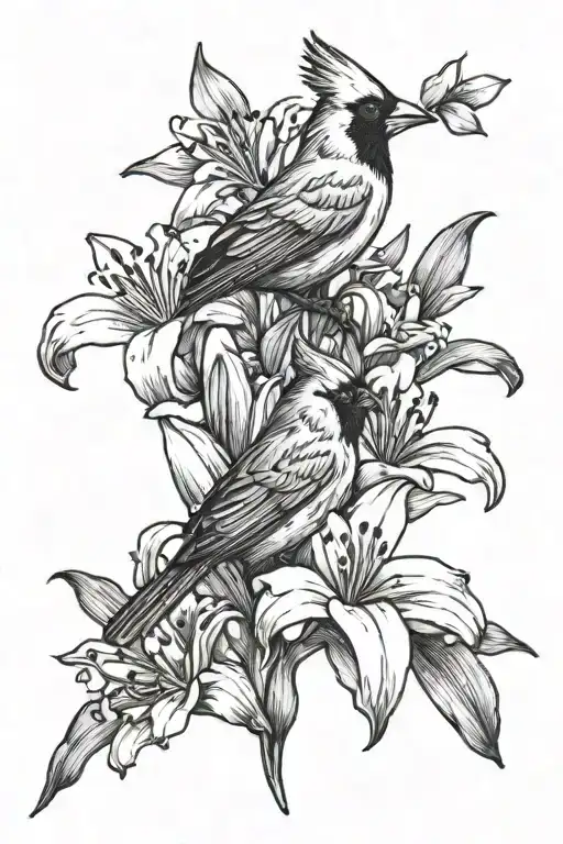 White Lily Flower And Cardinal Bird