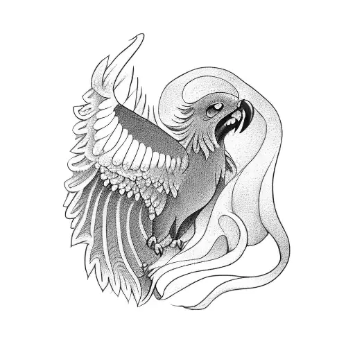 A Fierce Harpy Reading A Book In A Blackwork Style