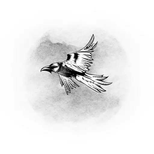 A Blackwork Tattoo Of A Crow Flying Over An Abandoned Desert Road
