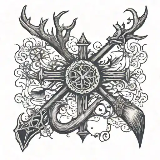 A Cross With Deer Antlers And A Fishing Rod Intertwined With Cross