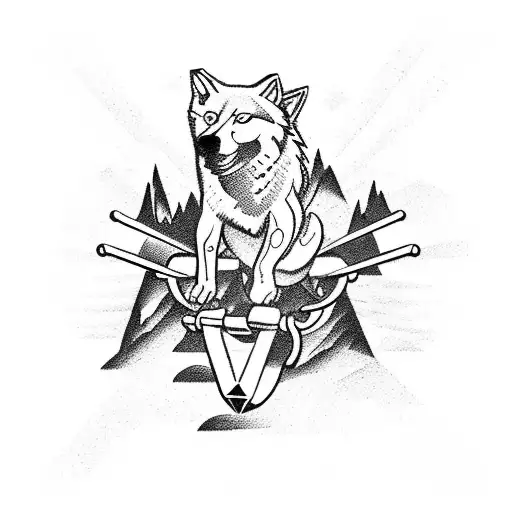 A Wolf Jumping Over A Barbell With Weights Shaped Like Mountains