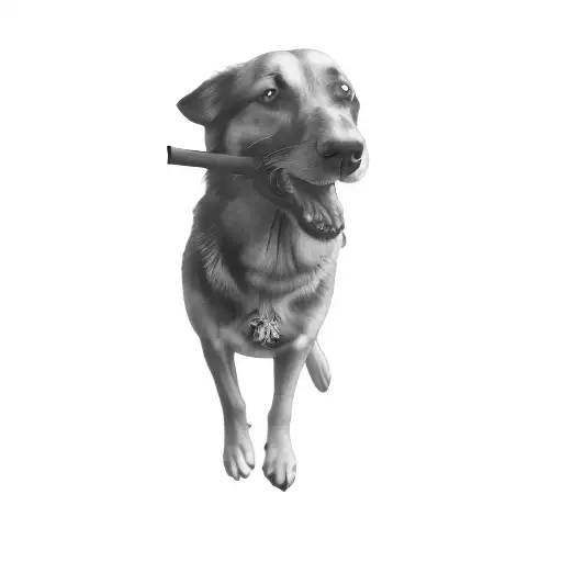 A Dog With A Stick In Its Mouth