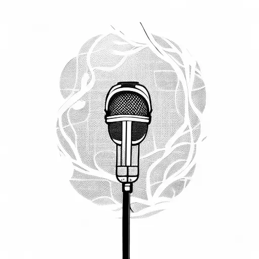 A Blackwork Tattoo Of A Microphone And Musical Notes Intertwined With Family Tree Branches
