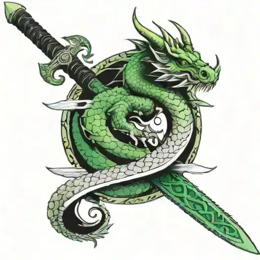 Green Dragon With Black Horns Wrapped Itself Around Big Katana Blade